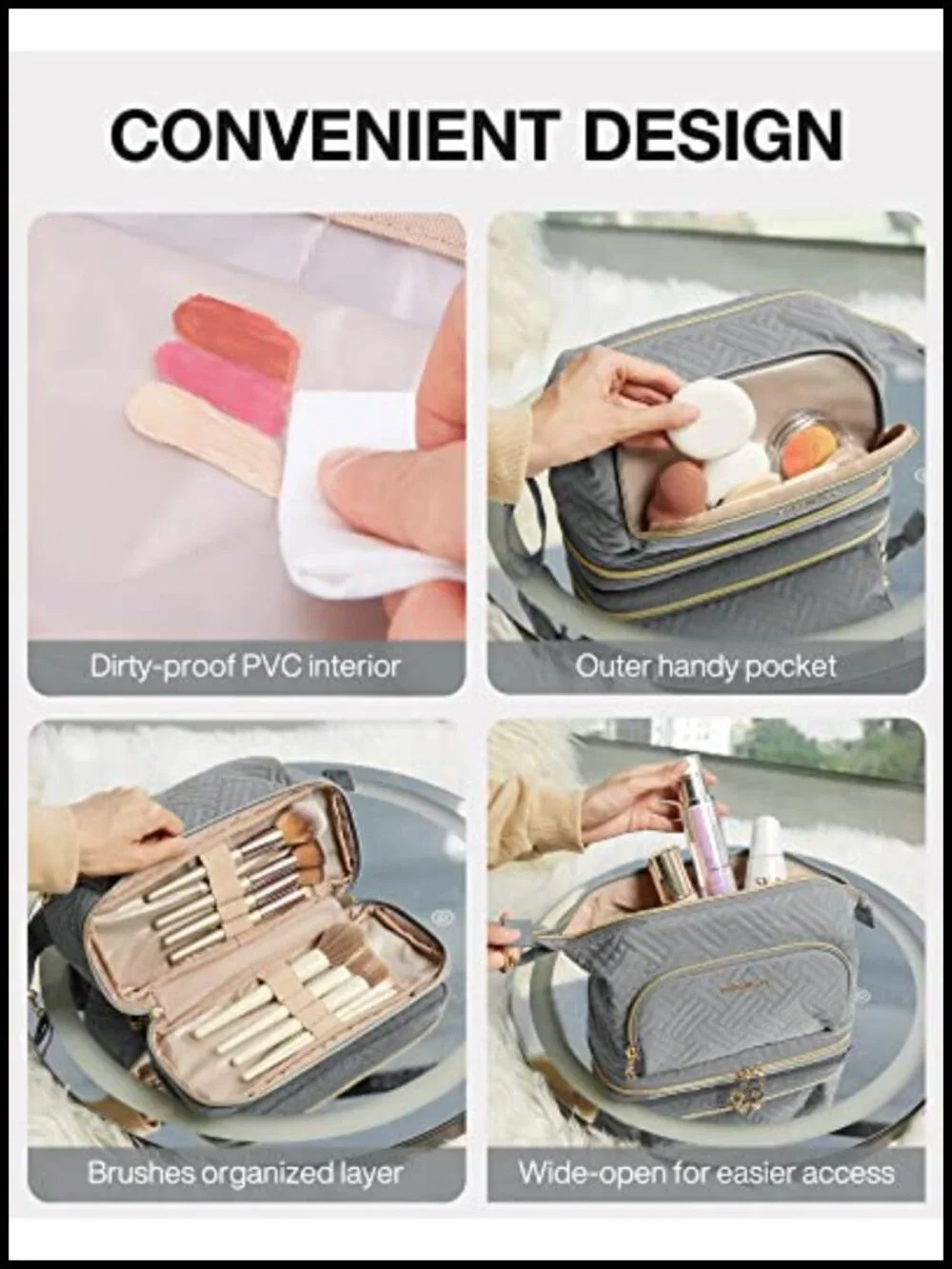 Travel Makeup Bag Cosmetic Organizer Case Wide-Open Pouch Double Layers